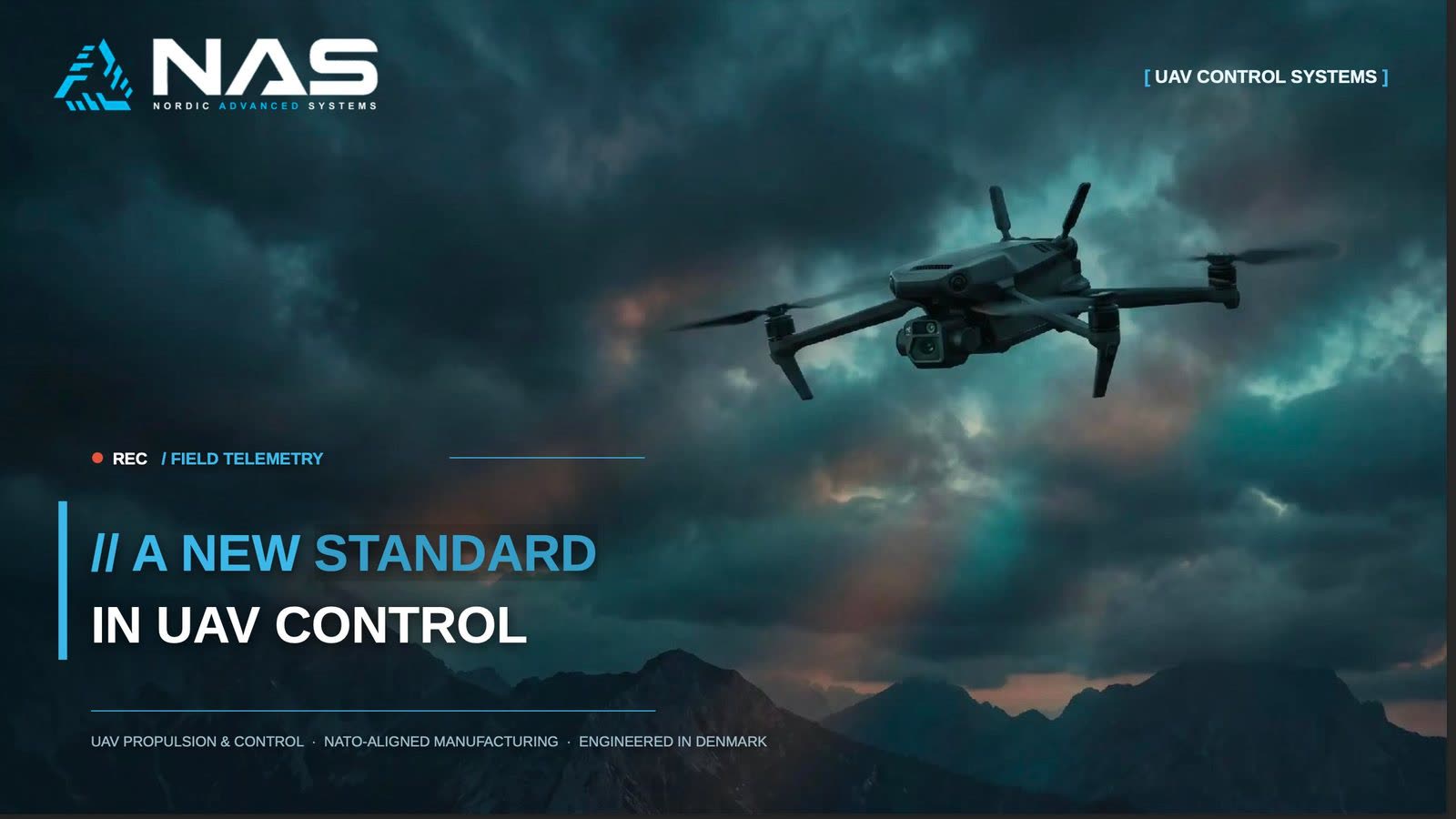 The NAS pitch-deck title slide — a drone against a storm sky.