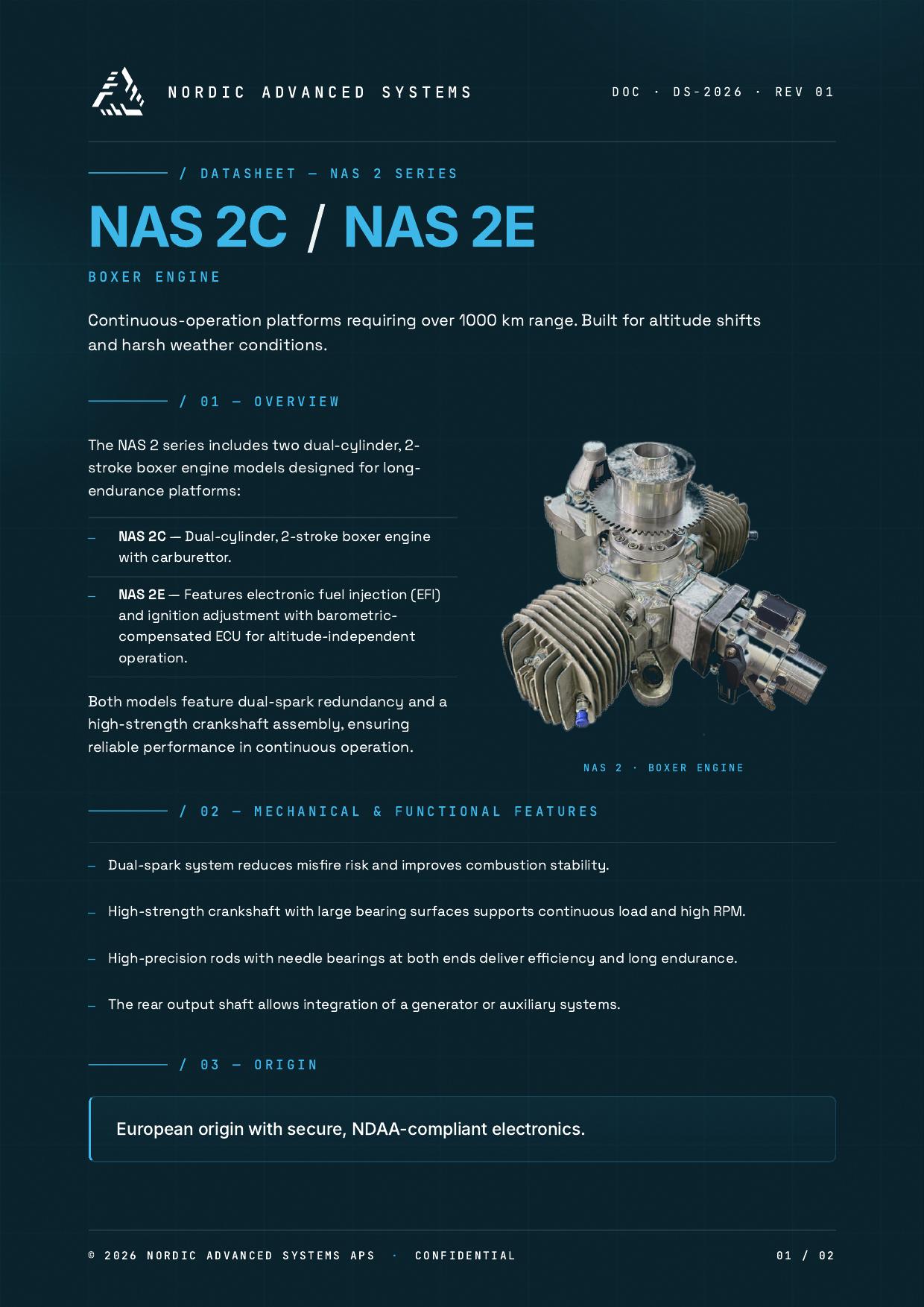 The NAS 2C / 2E technical datasheet front.